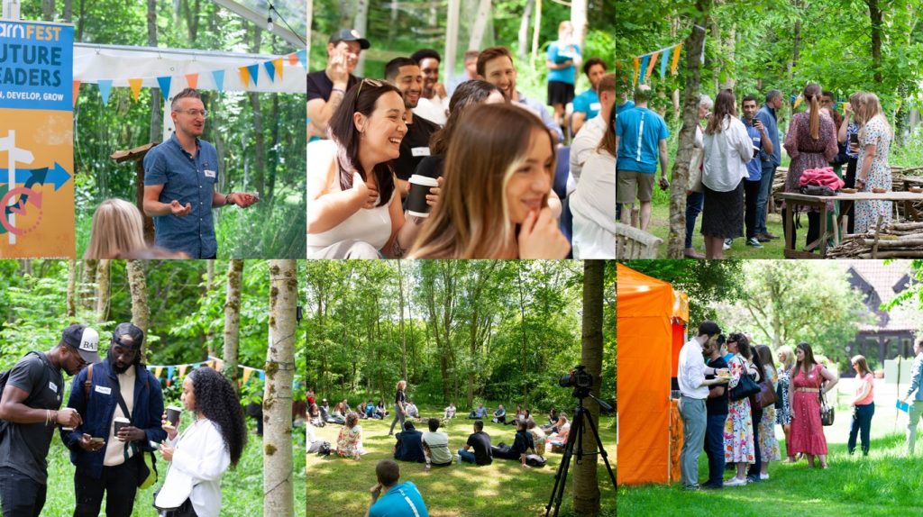 collage of photos from varnfest showing lots of happy attendees chatting in a woodland setting
